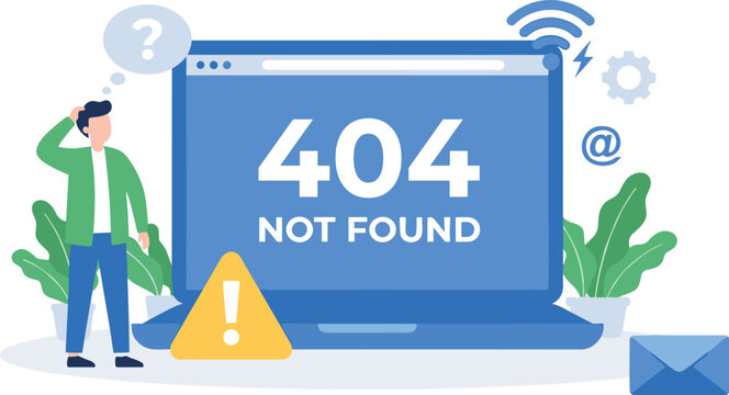 Website error 404 page not found vector illustration featuring confused character laptop flat screen alert sign and network connection problem elements