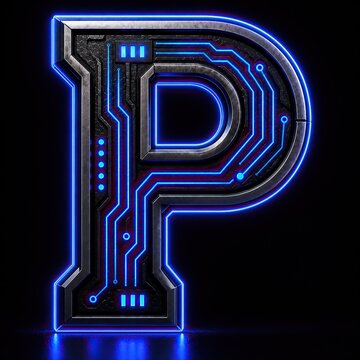 A high-tech 3D initial letter P logo featuring glowing neon blue light accents, intricate circuit board details, and a dark metallic cyber texture. Perfect for gaming, technology, AI, esports, and mod