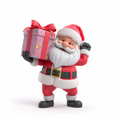 Fototapeta premium Funny cartoon Santa Claus with a gift box isolated on white background, 3D design