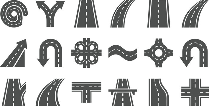 Road construction elements bundle with highway curves intersection roundabout fork u turn asphalt streets graphic vector icons set