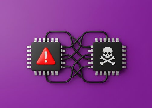 A serious vulnerability and risk of hacking. A system or microchip security issue. Concepts of cyber risk management, IT infrastructure security and digital resilience.