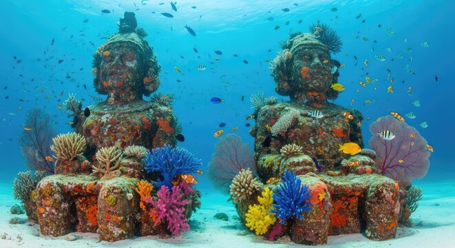 Majestic stone statues covered in colorful coral and sponges stand on the seabed, surrounded by swirling schools of bright tropical fish, ecosystem, turquoise, underwater