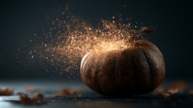 Exploding pumpkin with sparks and fragments on dark background