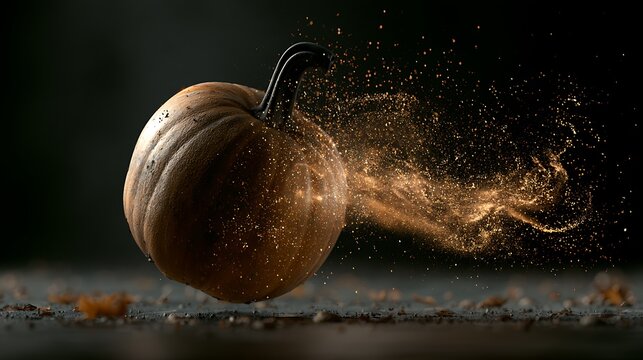 exploding pumpkin on black background with particles flying apart