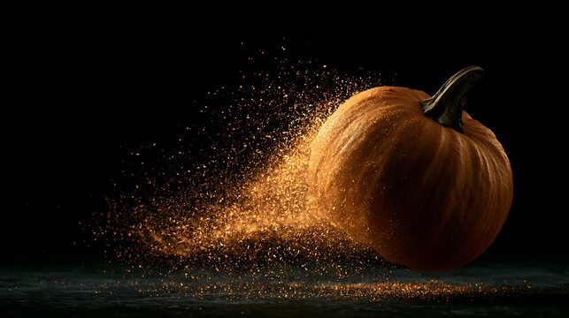 pumpkin exploding in orange glitter on dark background