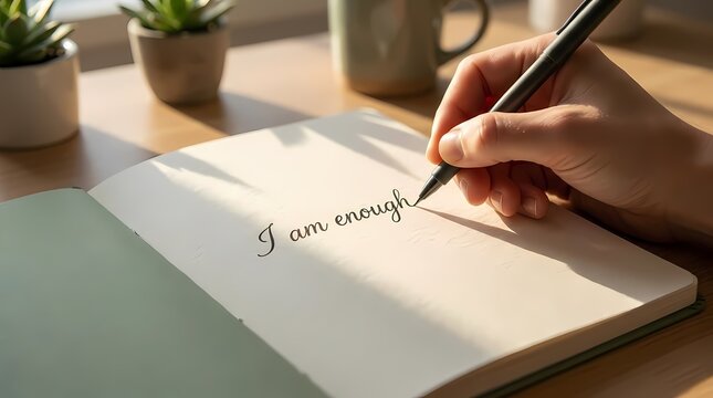 Person writing I am enough affirmation in paper notebook.