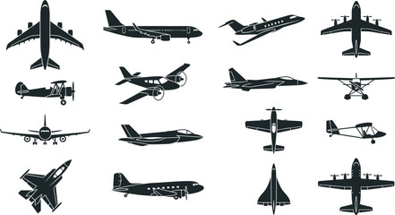 Airplane Silhouette Vector Set with Commercial Airliners, Military Jet Fighters, Private Planes, and Vintage Biplanes for Aviation Logos and Travel Infographic Designs © Sultana