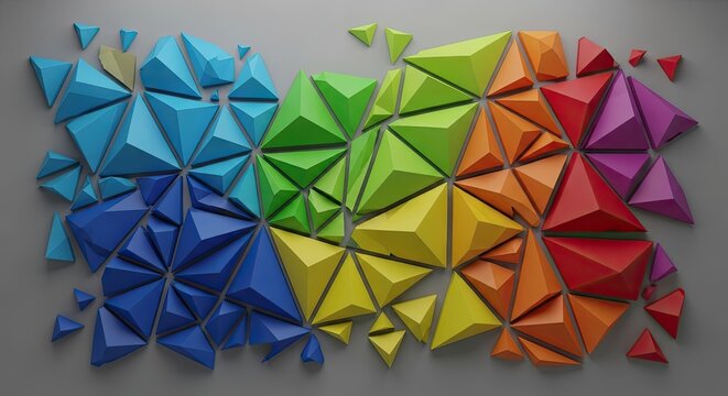 Rainbow colored 3D geometric triangle pattern on grey background.