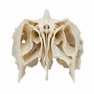 A front-facing animal skull specimen reveals intricate nasal cavities, symmetrical bone structure, and anatomical openings for comparative zoology, osteology study, and museum reference
