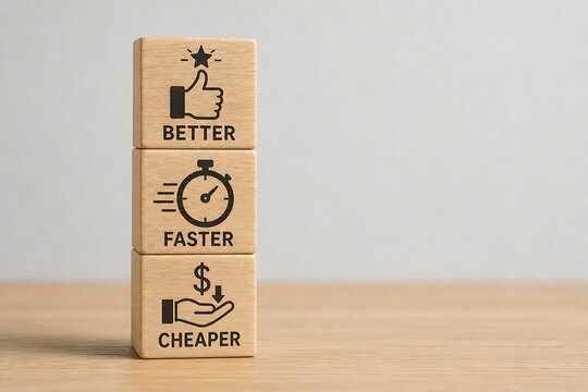 Wooden blocks with better faster cheaper icons representing business optimization goals