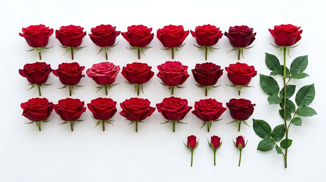 Array of red rose blooms arranged in rows with a single stemmed rose on white background