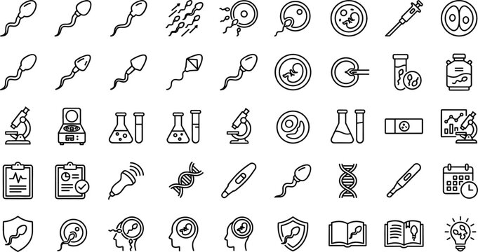 Reproductive Medicine and Fertility Clinic Line Icon Set Featuring Sperm Cells Human Eggs Embryos In Vitro Fertilization Lab Equipment and Pregnancy Science Symbols