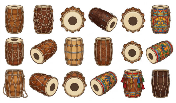 Traditional Dholak Hand Drum Vector Set with Indian Folk Percussion Instrument