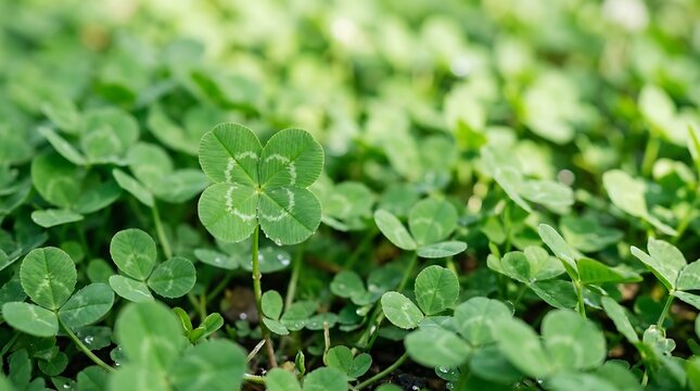 Single four-leaf clover standing out among many three-leaf clovers in a green field