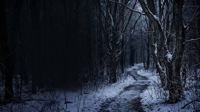 Winding snowy path through a dark and mysterious winter forest
