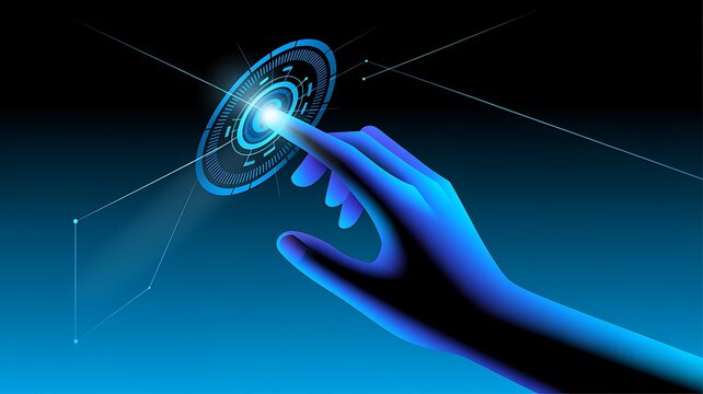 Futuristic human hand touching virtual digital interface with glowing technology elements