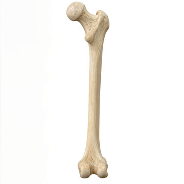 A human femur bone is presented vertically with anatomical contours clearly visible, making it useful for medical education, orthopedics, forensic reference, and anatomy study materials