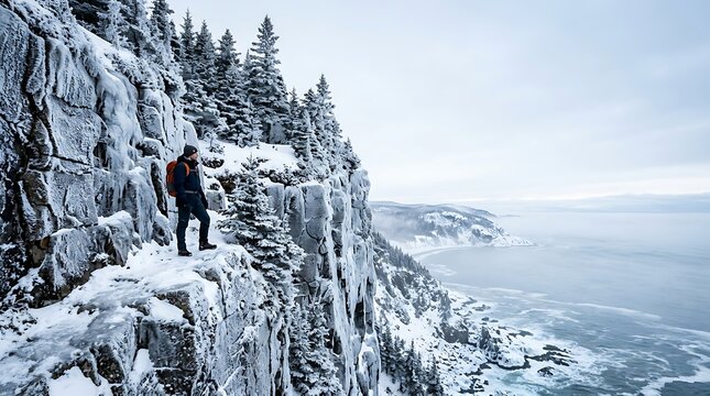 Hiker standing on a snowy cliff edge overlooking the winter ocean