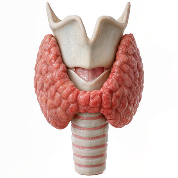 A highly accurate medical rendering depicts the human thyroid gland with larynx and trachea anatomy, presenting endocrine structure for education, diagnosis reference, and healthcare training