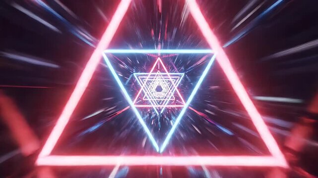 A mesmerizing neon tunnel with repeating triangular shapes.