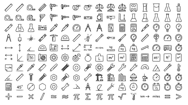 :
Engineering Measurement Editable Stroke Icon Collection with Area Length Weight and Volume Symbols