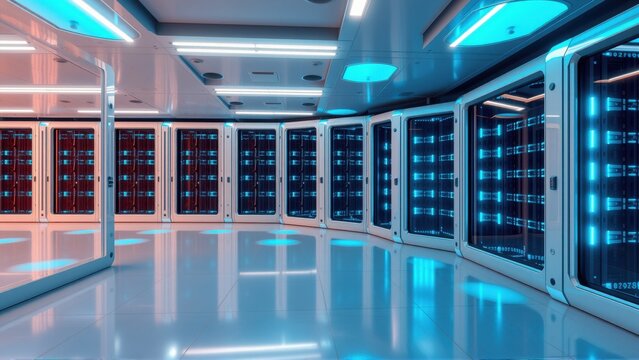 Futuristic server room. Rows racks glow blue, red. Reflective floor creates symmetrical visual effect. Clean, modern design.