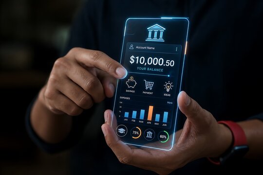 Hands holding smartphone displaying $10, 000.50 in a banking app with charts and icons