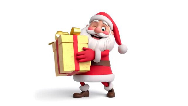 Funny cartoon Santa Claus with a gift box isolated on white background, 3D design, animation