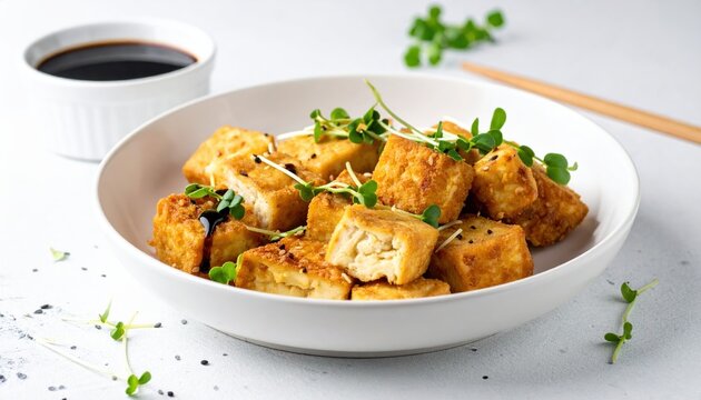 Fried tofu with soy sauce: Pieces of fried tofu cheese served with soy sauce and green microgreens on white.