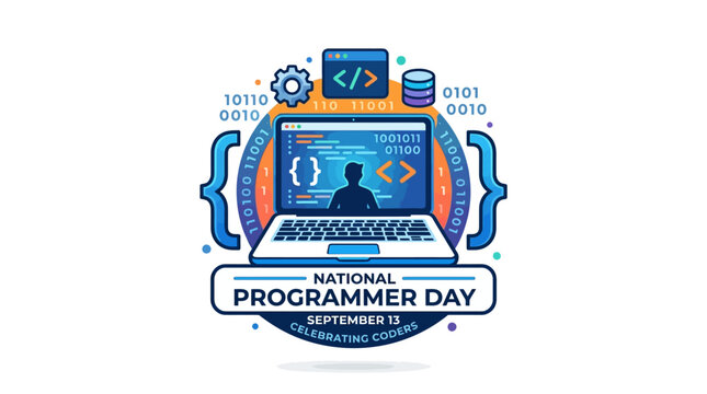Celebrating Programmer Day with a silhouette of a person in front of a computer displaying coding symbols and a laptop surrounded by tech icons.
