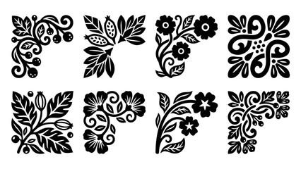 Fototapeta premium Assortment of decorative black floral corner ornaments with elegant designs