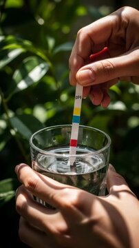 Woman testing water quality with paper strip in glass. Ecology researcher measuring liquid ph level outdoors. Environmental scientist checking water purity at home. Vertical video