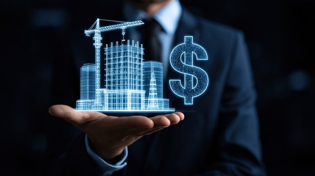 Businessman presenting holographic city construction with cra