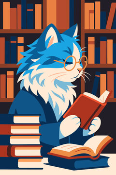 Smart Fluffy Blue Cat Wearing Glasses Reading Book Diligently In front of Bookshelf Stacked Literature Novel Volume Library Bookstore Study Room Vintage Flat Illustration Creative Element
