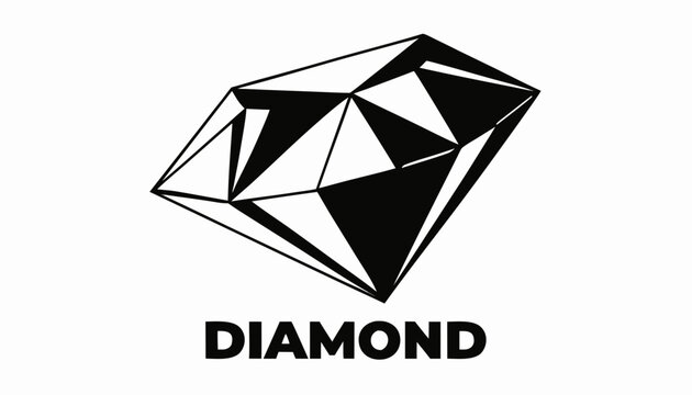Very beautiful black and white realistic vector illustration of a raw diamond crystal featuring engraved crystal facets with a bold label reading "DIAMOND", isolated on white background.