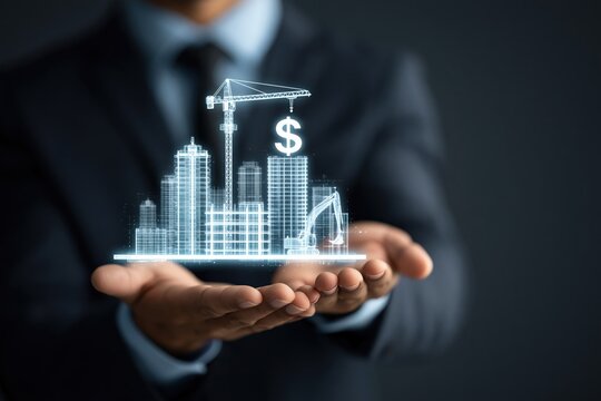 Businessman presenting holographic city construction with cra