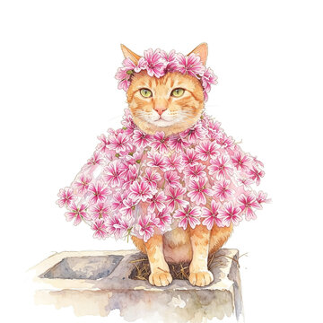 Cute Orange Tabby Cat Wearing a White Blossom Flower Crown and Floral Cloak Illustration Isolated on White Background