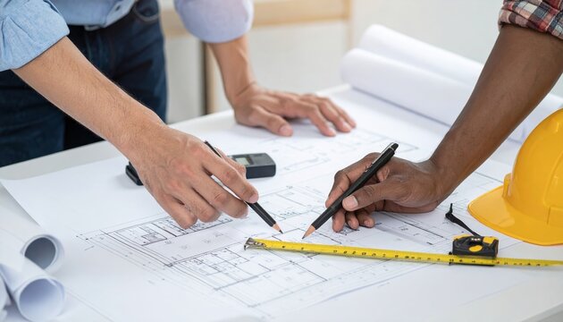 People collaborating on architectural blueprint with measuring tools