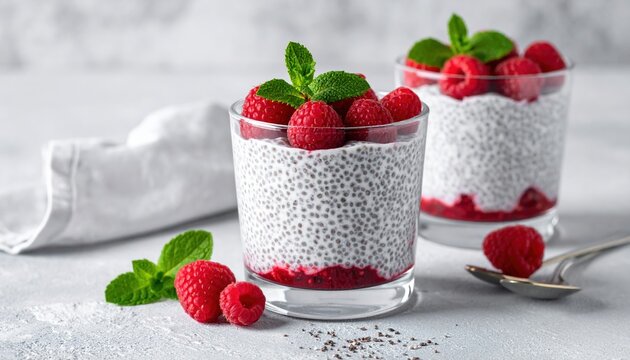 Chia seed pudding topped with fresh raspberries and mint in a glass cup