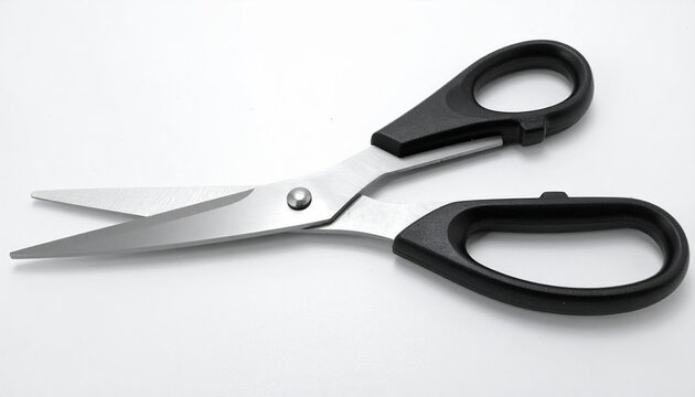 Close-up of black handled scissors on white background