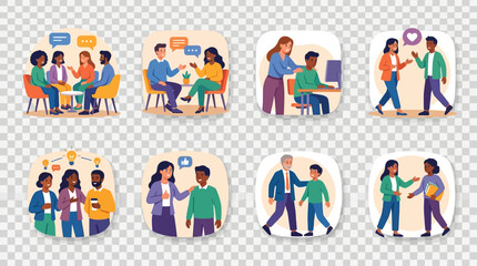 Fototapeta premium Colleagues engaging in professional dialogue show various forms of workplace interaction including desk work and social networking.