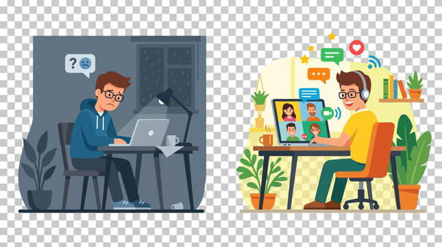 Remote learner explores the visual dichotomy between stressful nocturnal solitary study sessions and cheerful daytime virtual classroom participation.