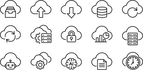 Cloud computing icons set with various symbols for technology and internet concepts  cloud storage data management and online security © WonderKidsArtStud94