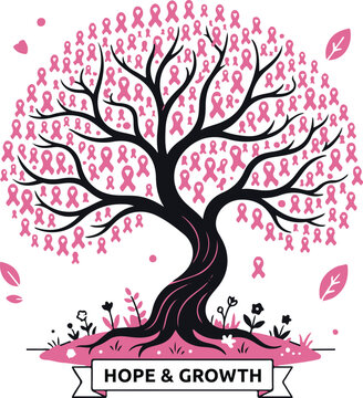 Hope and Growth tree illustration with pink ribbon leaves for breast cancer awareness.