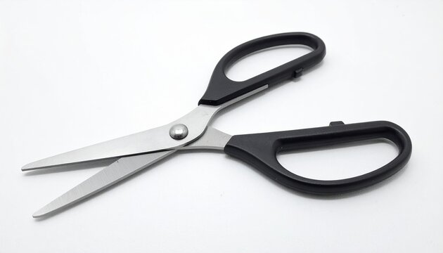 Open black handled scissors on white backgroundOpen black handled scissors on white background