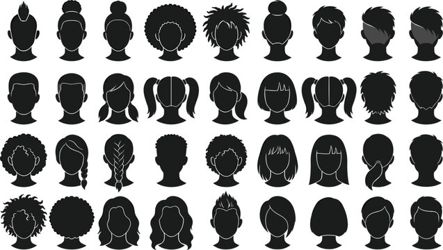Diverse hairstyle avatar avatar vector silhouette collection featuring men and women profile icons isolated on white background