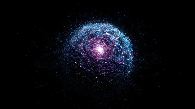 Glowing galaxy with purple and blue swirling clouds of stars with against black background miniature glowing astronomy starlight celestial with universe