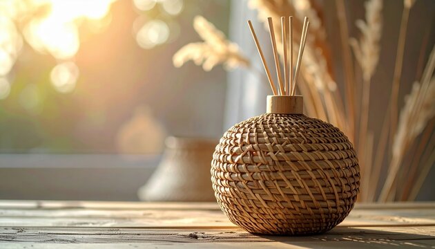 Wicker basket and reed diffuser on wooden table
