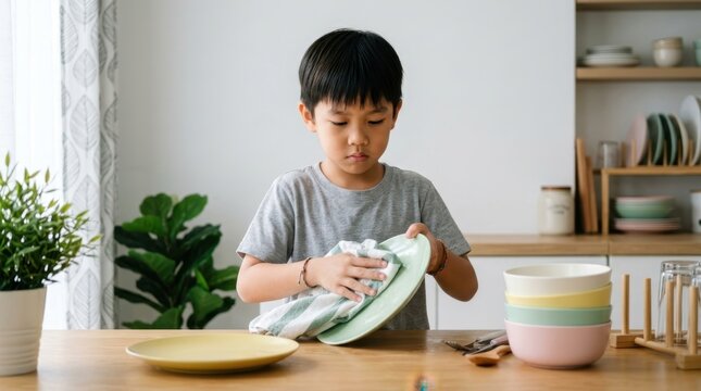 A diligent young Asian boy drying a ceramic plate in a modern kitchen, demonstrating responsibility and helpfulness while assisting with household chores during a bright morning at his family home now