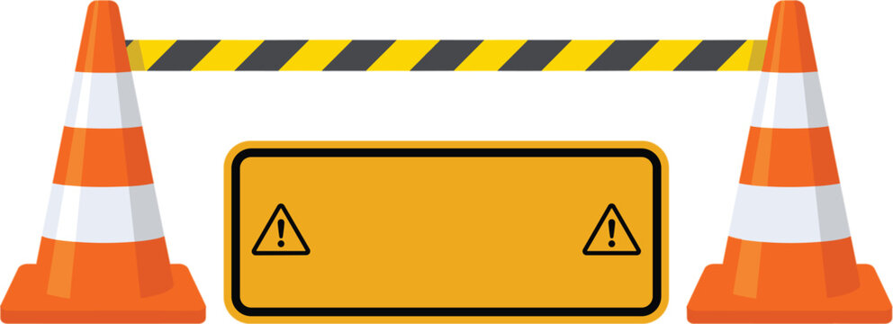 Vector illustration of traffic cones with roadblock tape and warning sign